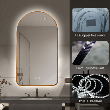 Arched LED Wall Mirror 100cm x 75cm Gold Bevel Frame Backlit Dimmable Defogger
