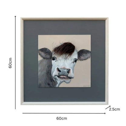 Curious Cow w Artificial Hair Framed Canvas Wall Art 60cm - Image 5