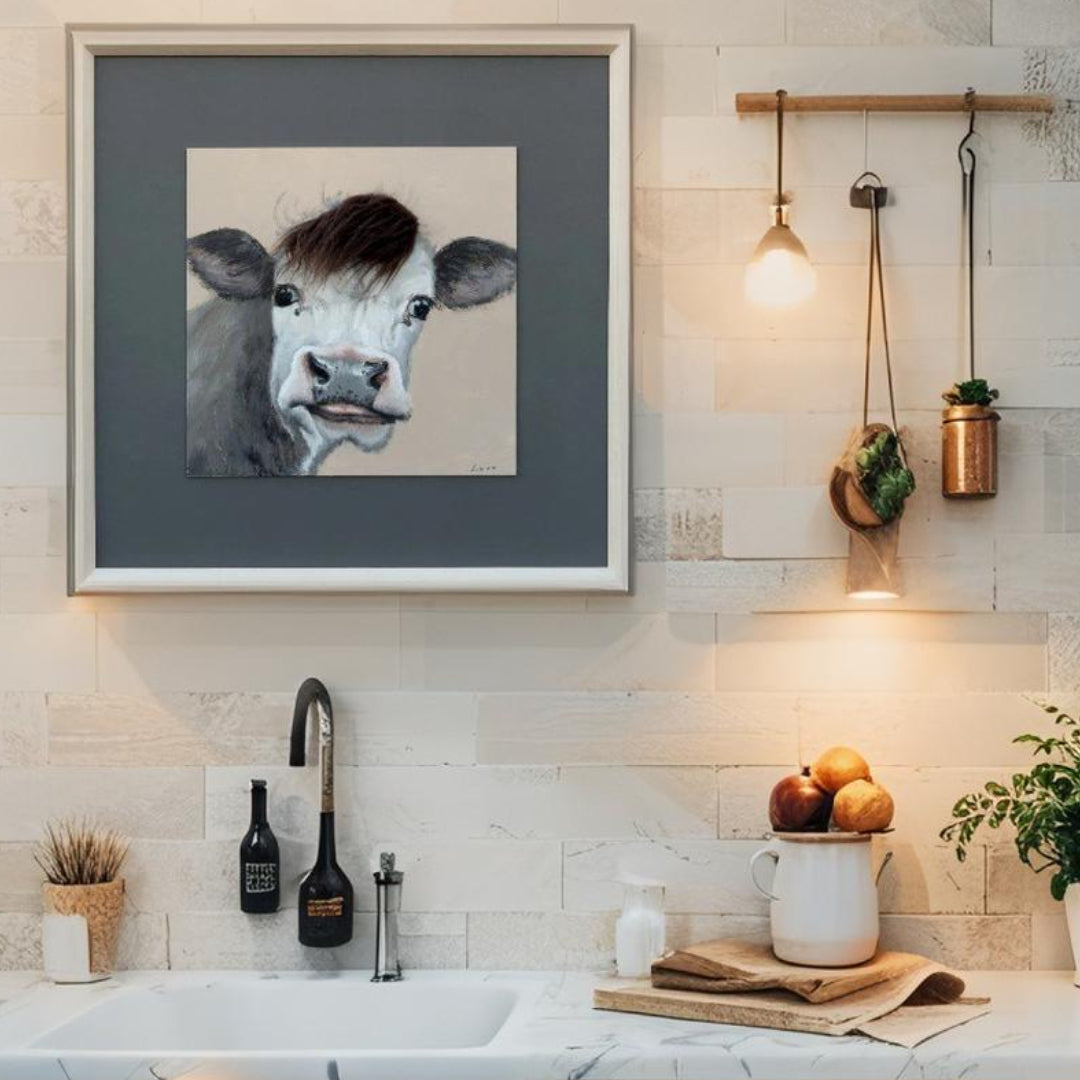 Curious Cow w Artificial Hair Framed Canvas Wall Art 60cm - Image 2