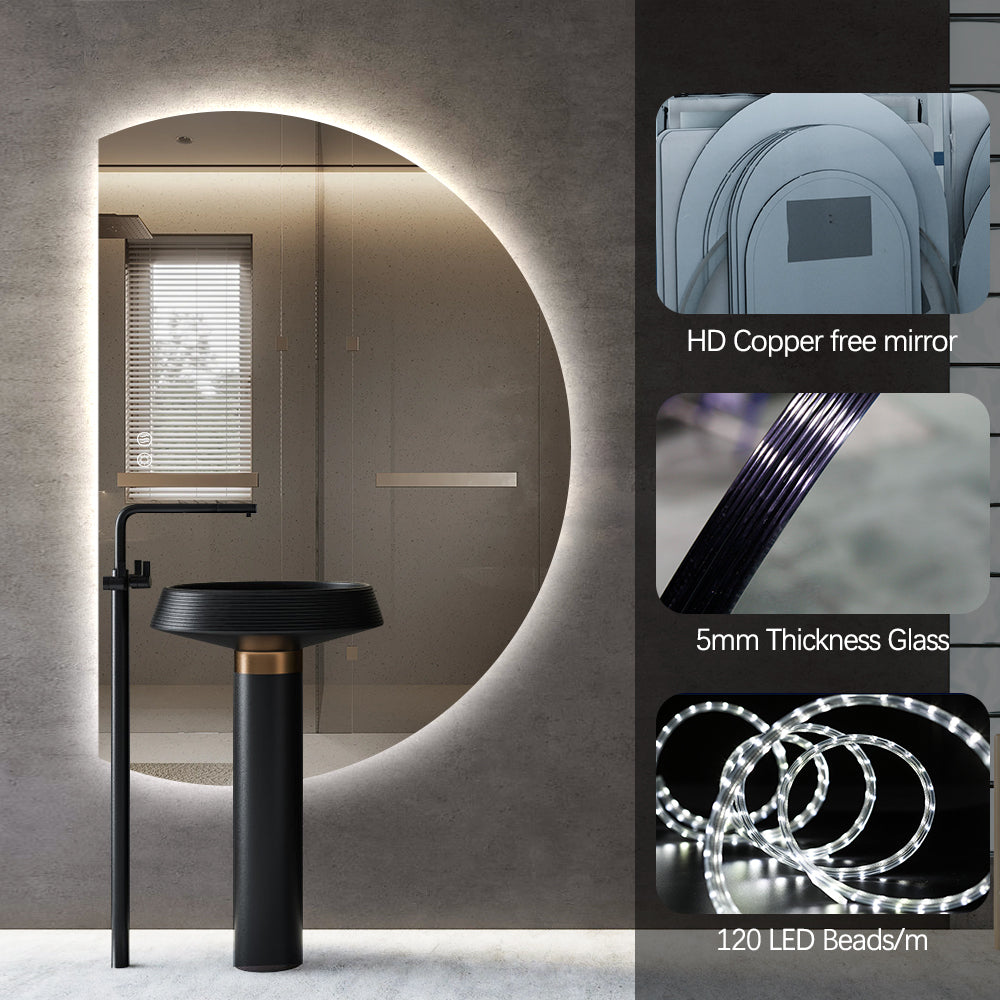 Left Cut Moon LED Mirror 77cm x 110cm Frameless Backlit Wall Mirror