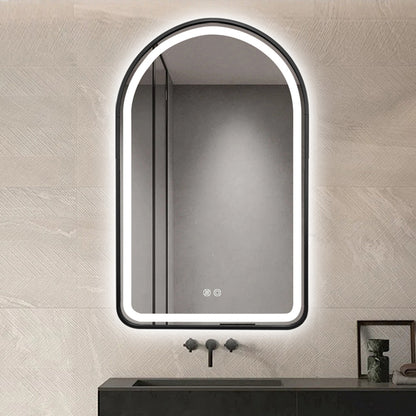 Arched LED Black Frame Wall Mirror 90cm x 50cm Frosted Dimmable Vanity Defogger