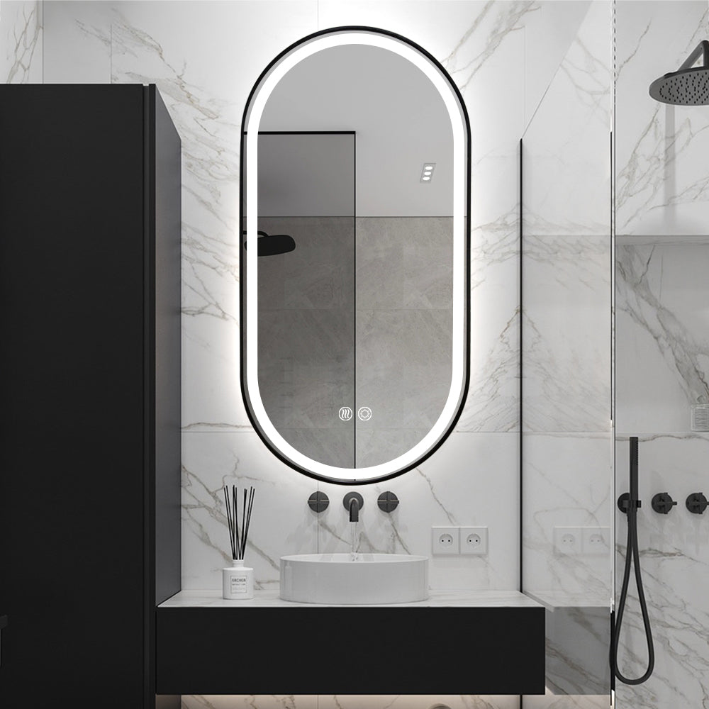 Black Oval LED Bathroom 100cm x 50cm Frosted Edge Defogger Dimmable Vanity Wall Mirror