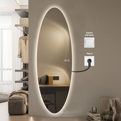 Modern Oval Glow LED Mirror 50cm × 150cm Frameless Tricolour Dimmable Wall Mounted Mirror