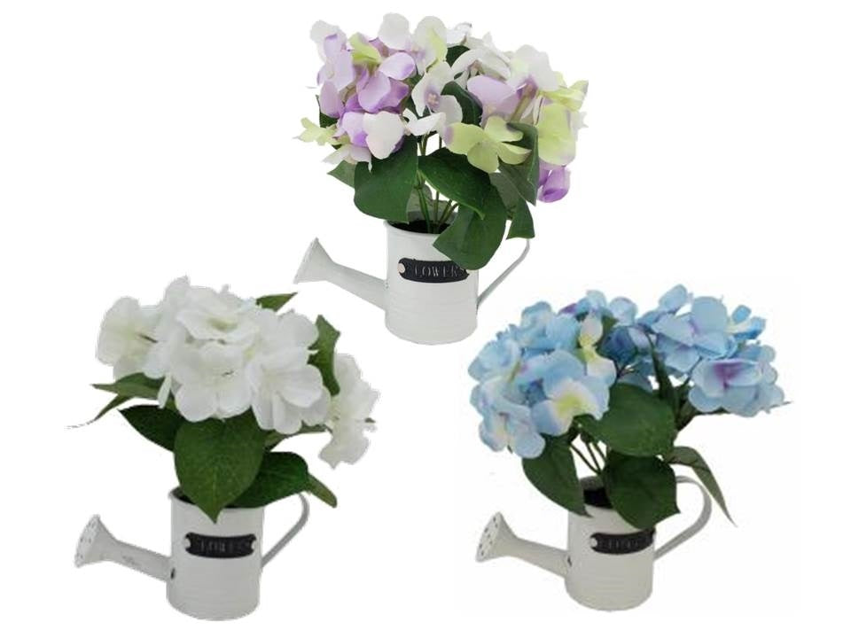 Set 3 Artificial Hydrangea in Watering Can 20cm