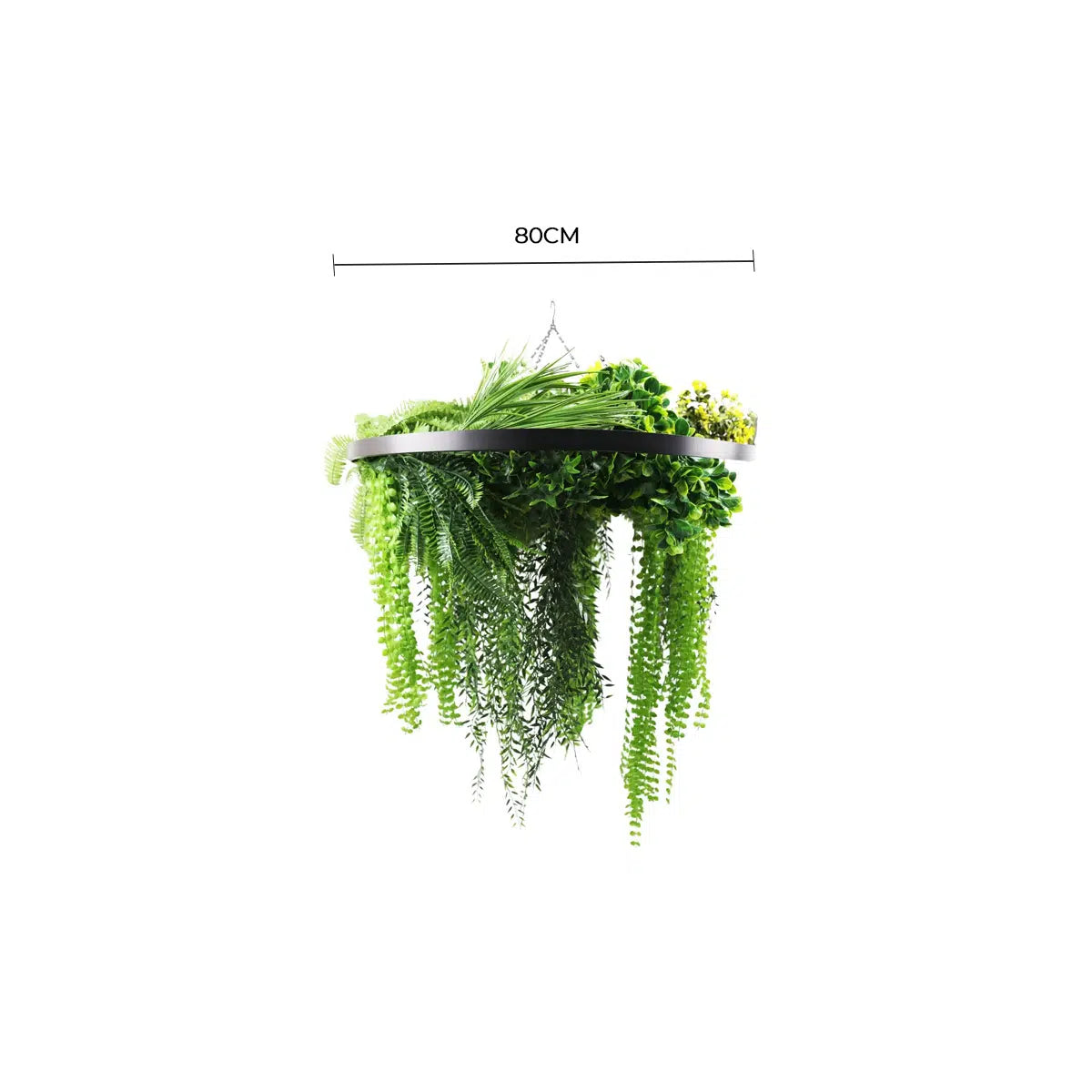 Black Framed Roof Hanging Disc With Draping Life-Like Ferns and Plants 80cm UV Resistant - Image 2