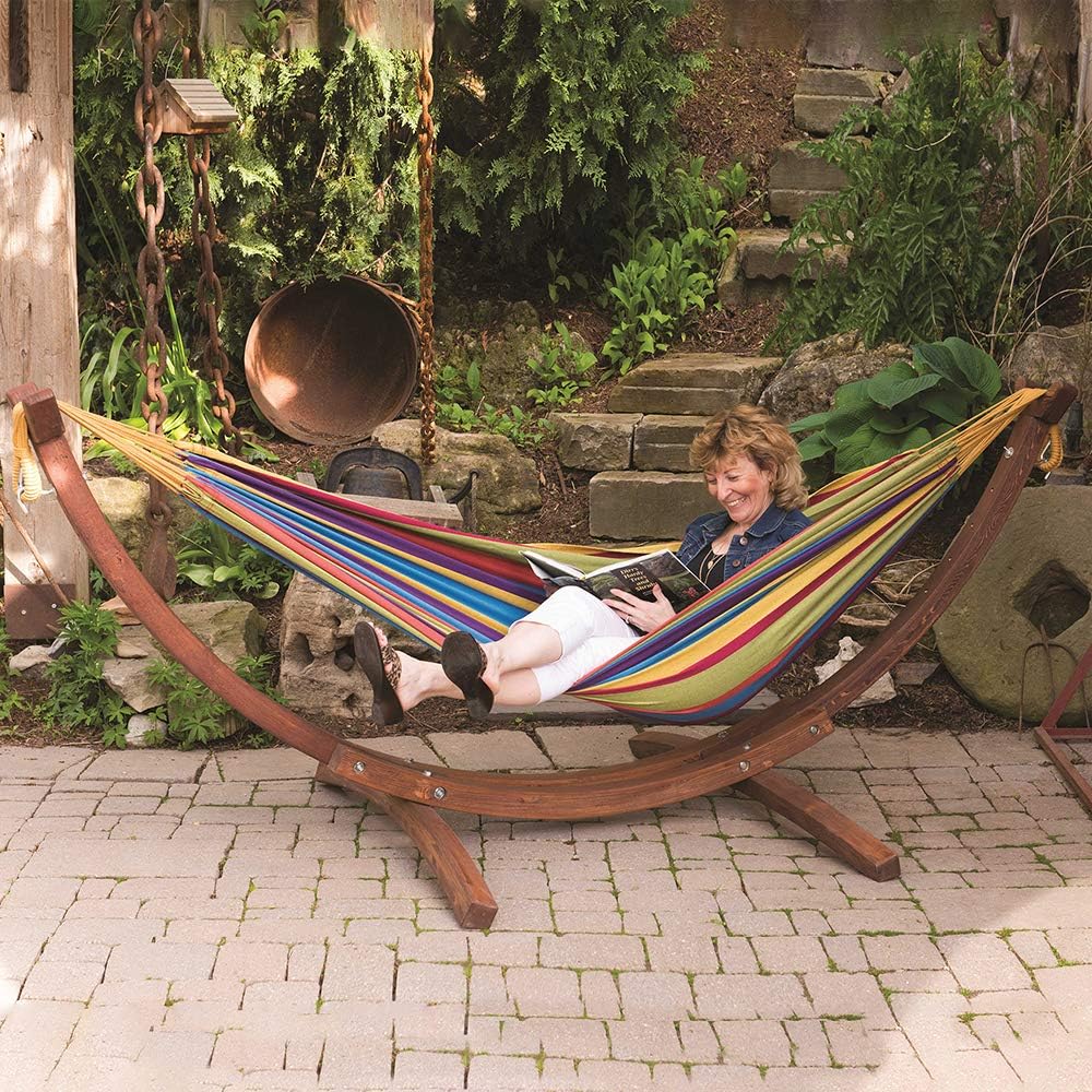 Vivere Double Cotton Hammock with Solid Pine Stand (260cm) - Tropical