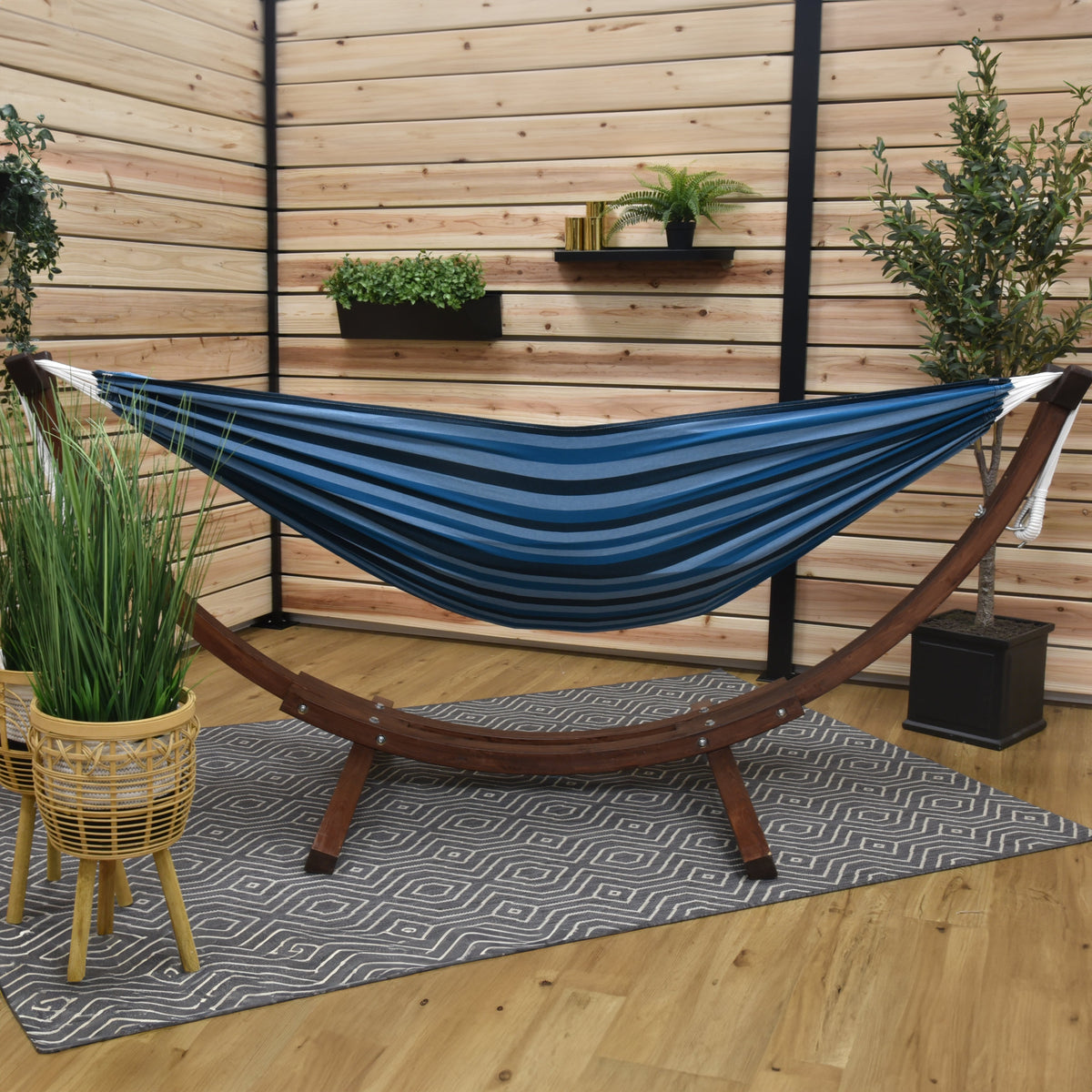 Vivere Double Cotton Hammock with Solid Pine Stand (260cm) - Blue Lagoon