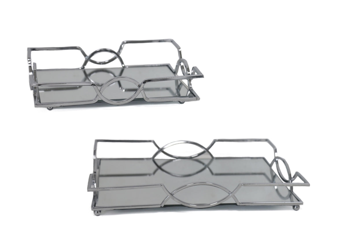 Set 2 Rectangle Silver Mirror Tray 31cm