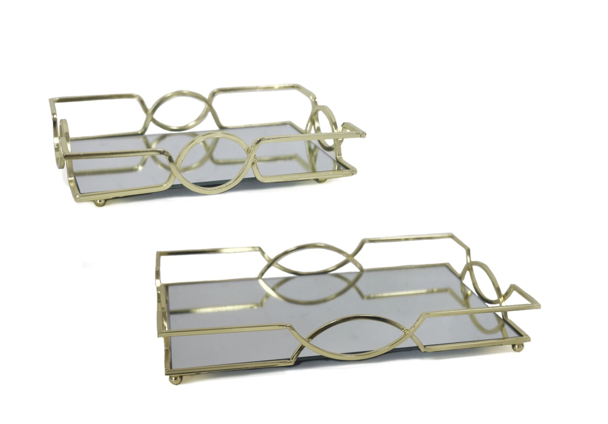 Set 2 Rectangle Gold Mirror Tray 31cm