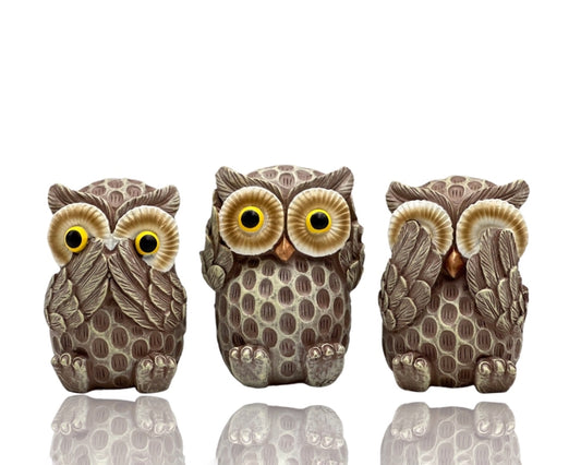 Set 3 See No Evil Owl Cement Statues 10cm