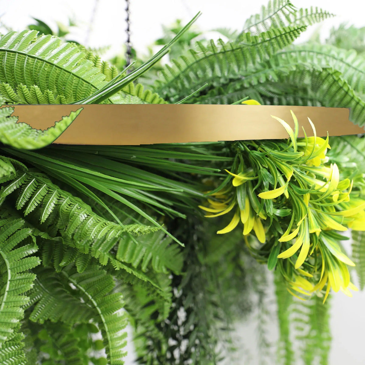 Gold Framed Roof Hanging Disc With Draping Life-Like Ferns and Plants 80cm UV Resistant - Image 3