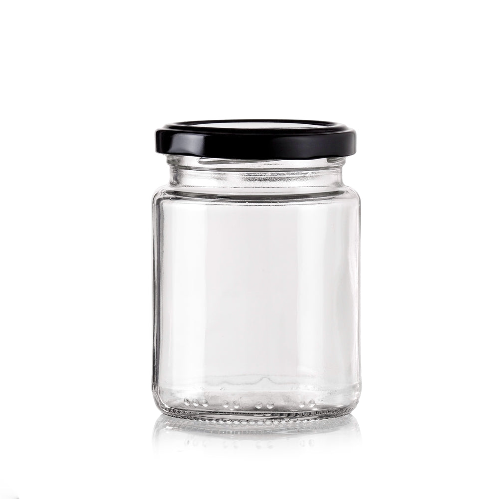 bulk 48 Glass Jar Round w/ Black Lid 200ml Canister 9cm