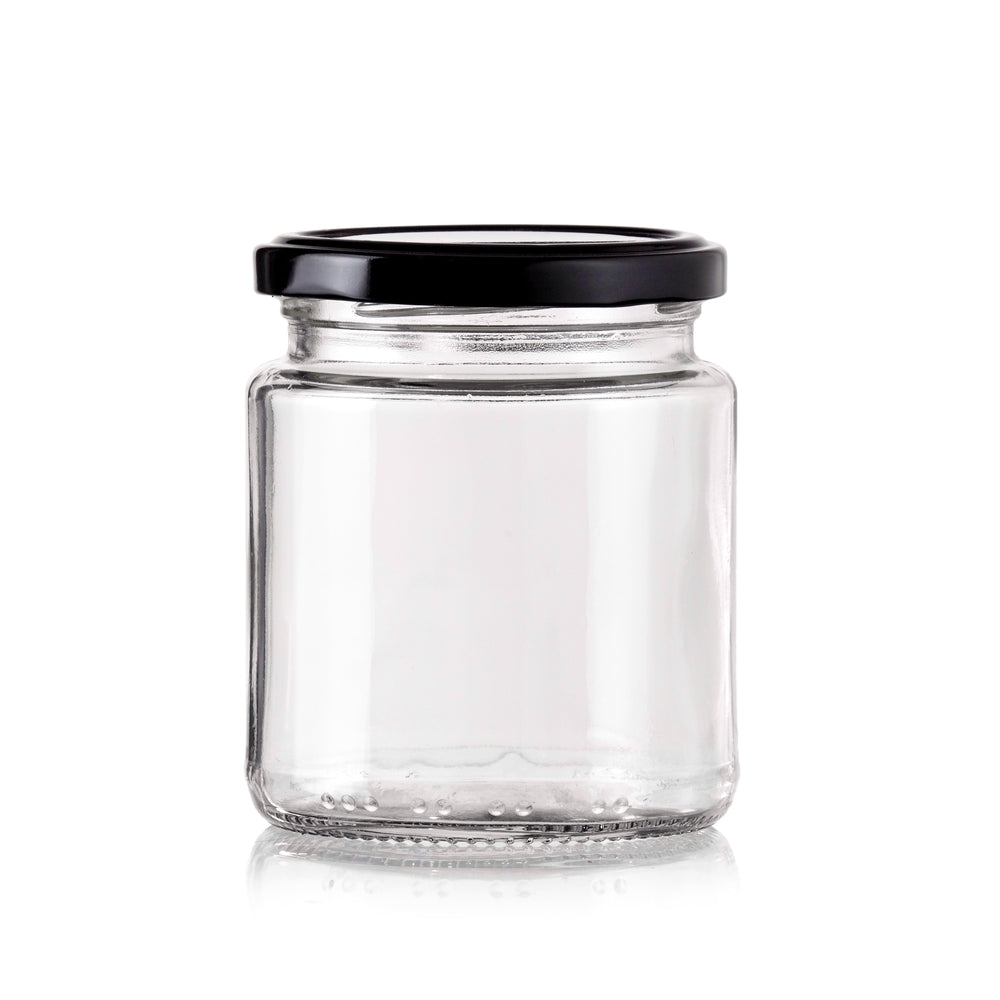 bulk 48 Glass Jar Round w/ Black Lid 400ml Canister 10cm