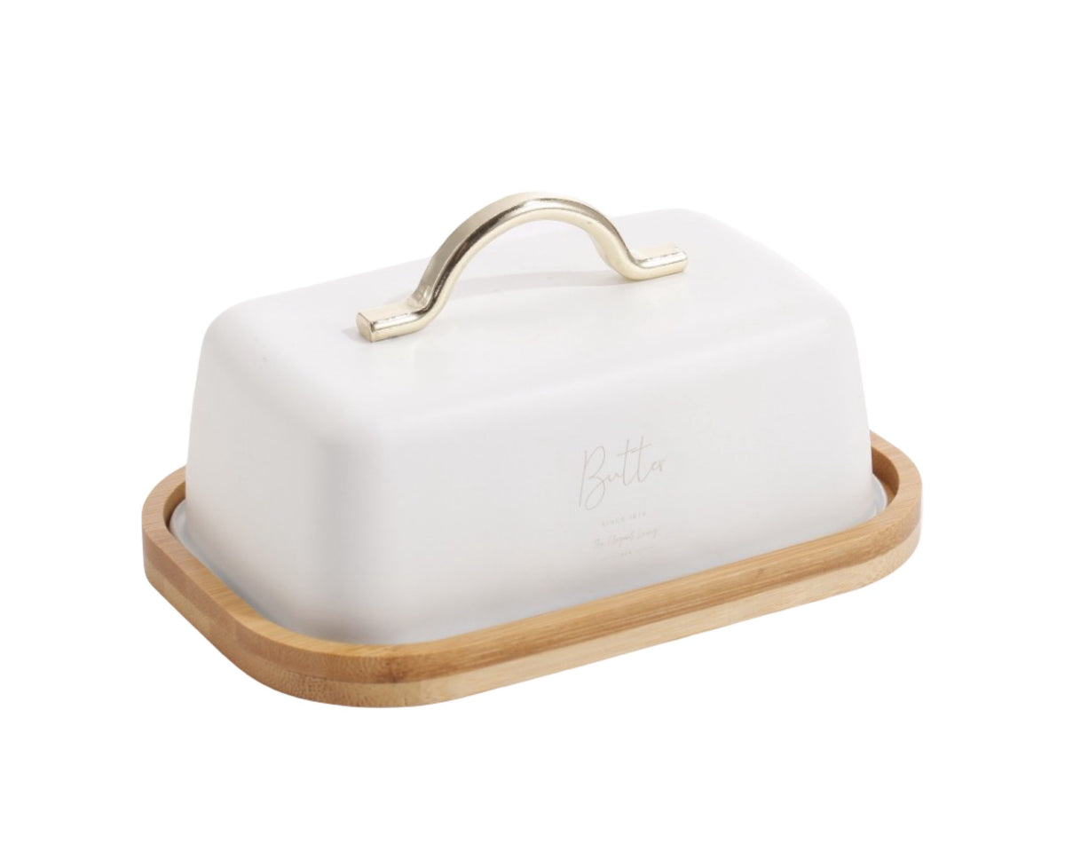 Elegant Living Metal Butter Dish W Bamboo Base 15x10.5x7.5cm