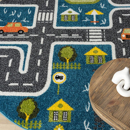 Kidsville 574 Blue Round Rug