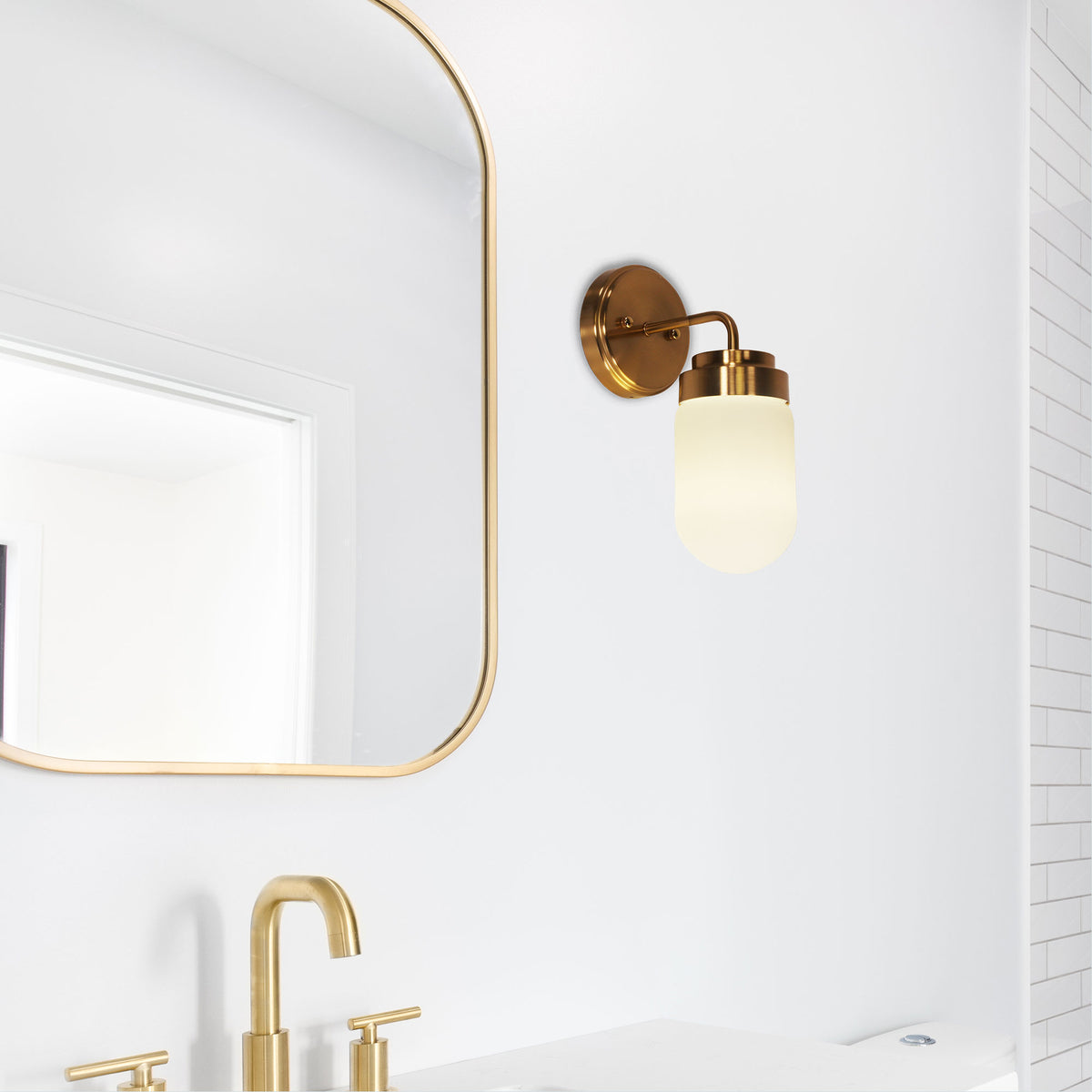 IP44 Opal Glass Wall Light - Dunburn Satin Brass