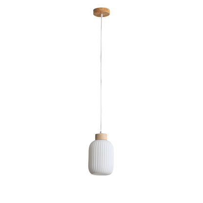 Ribbed Opal Glass Pendant with Real Wood Accents - Bolli.130