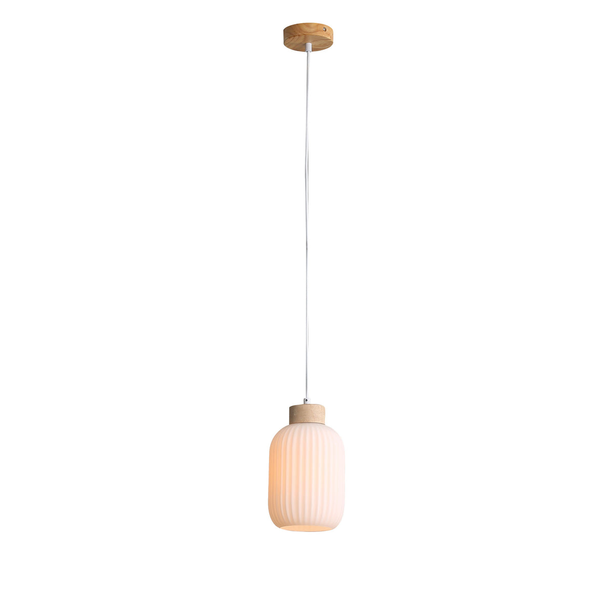 Ribbed Opal Glass Pendant with Real Wood Accents - Bolli.130