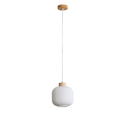 Ribbed Opal Glass Pendant with Real Wood Accents - Bolli.200