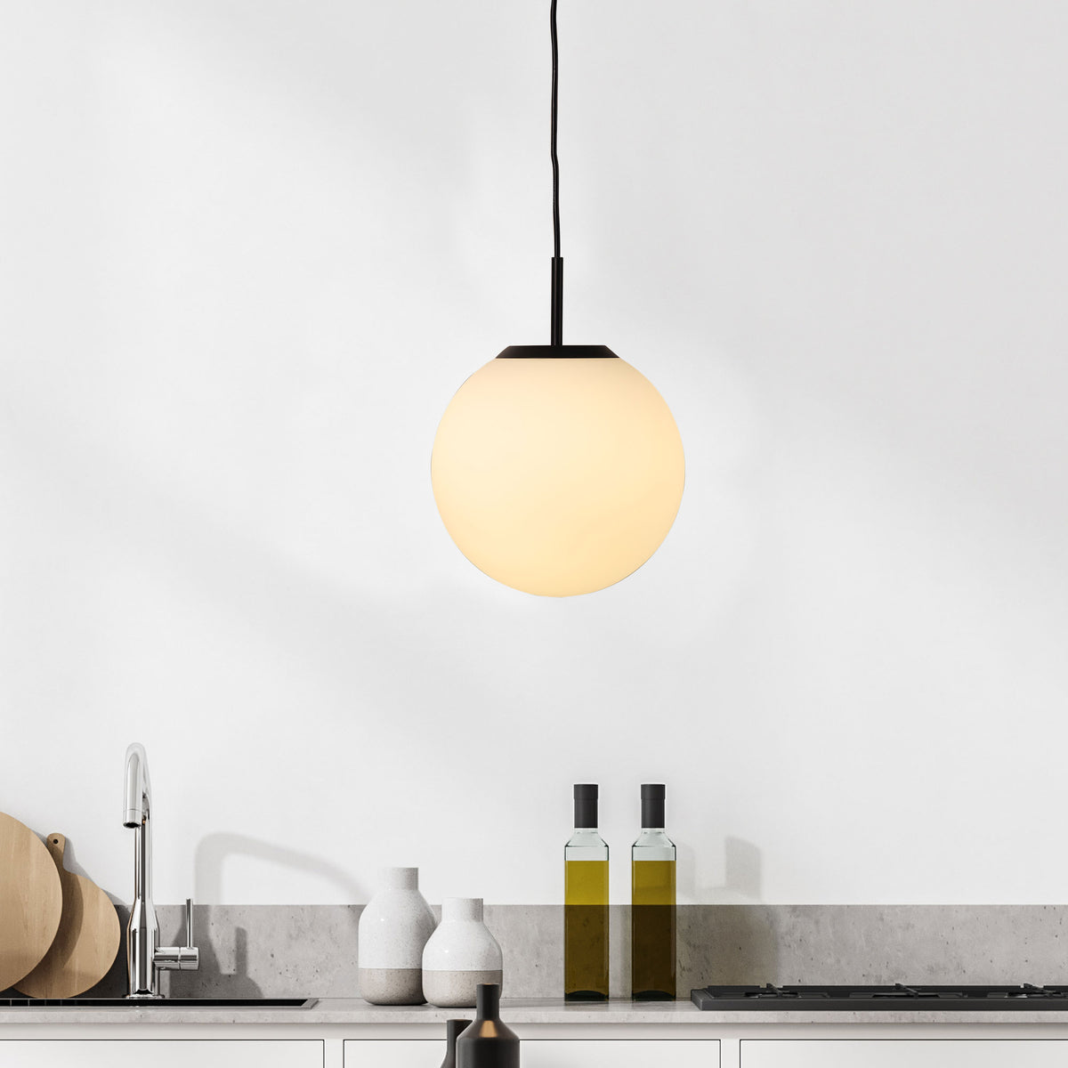 Matt Black and Opal Matt Glass Pendant - Orbit.25 Bk
