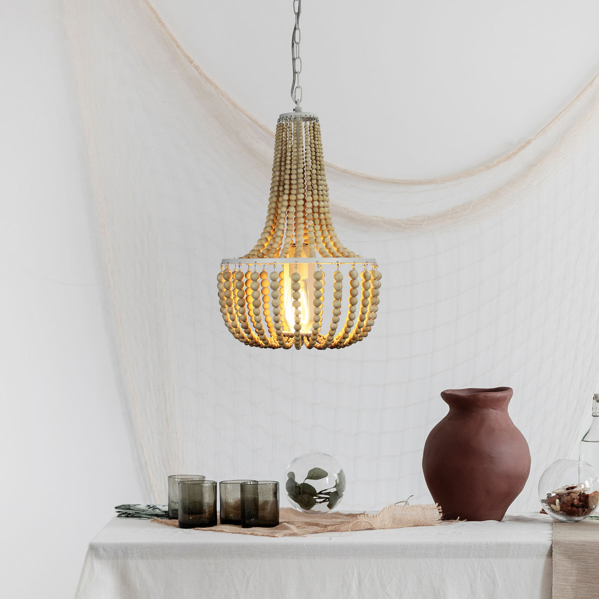 Natural Wooden Beaded Pendant - Cascara 1 Light