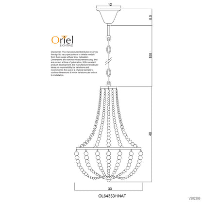 Natural Wooden Beaded Pendant - Cascara 1 Light