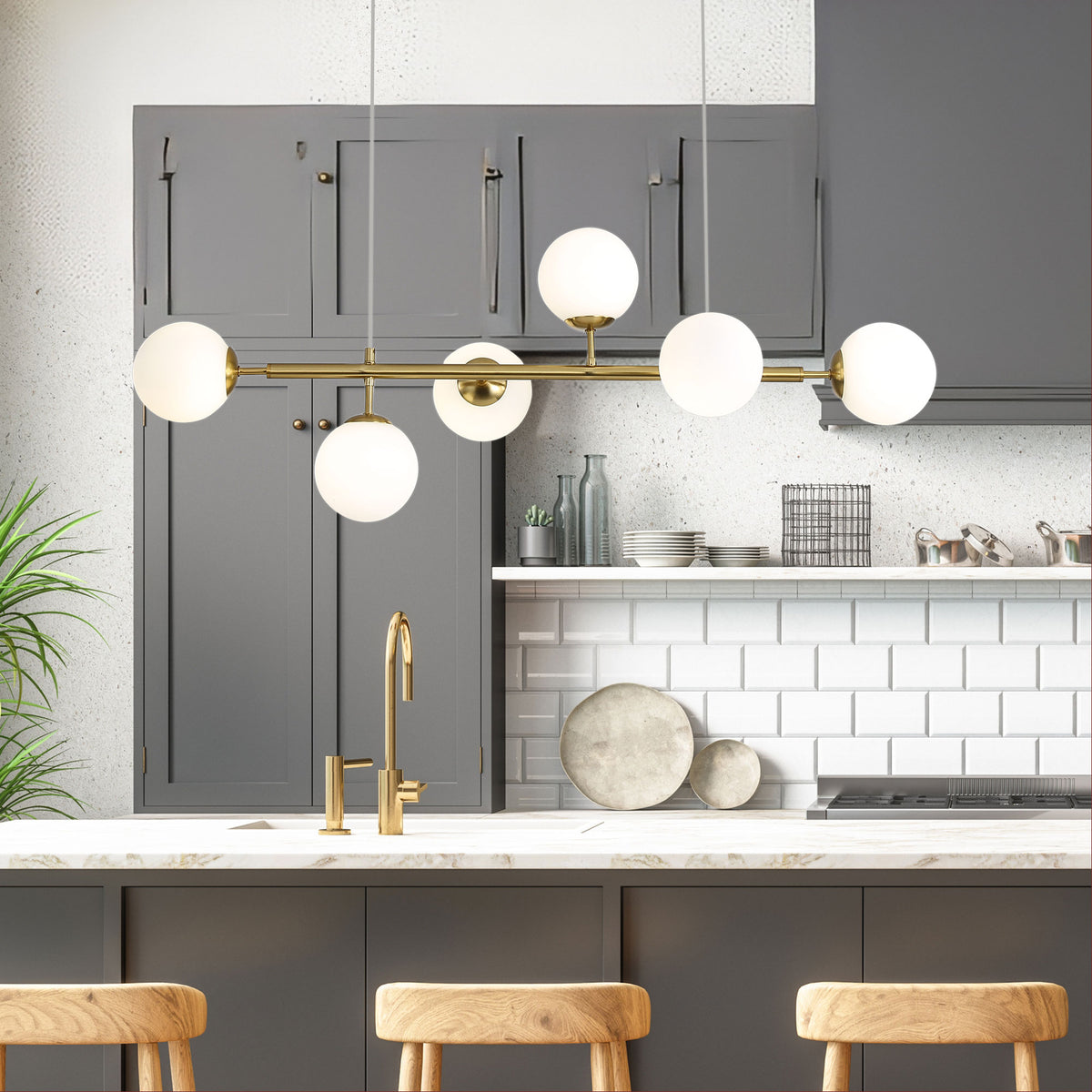 6 Light Opal Glass Pendant - Eva.6 Satin Brass