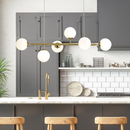 6 Light Opal Glass Pendant - Eva.6 Satin Brass
