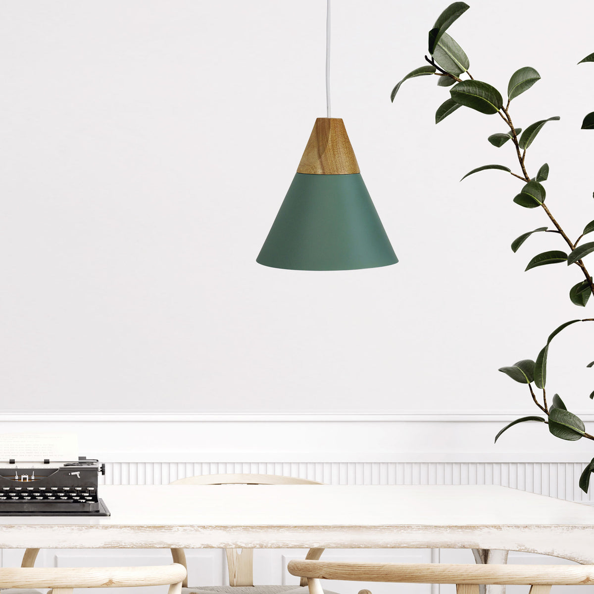 Stylish Conical Green Pendant with Real Wood Accents - Trigo.20
