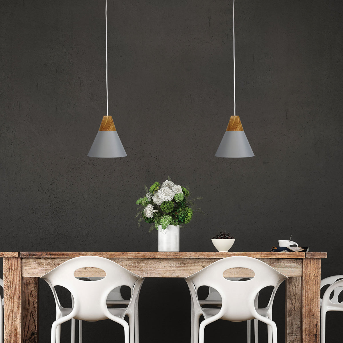 Stylish Conical Grey Pendant with Real Wood Accents - Trigo.20