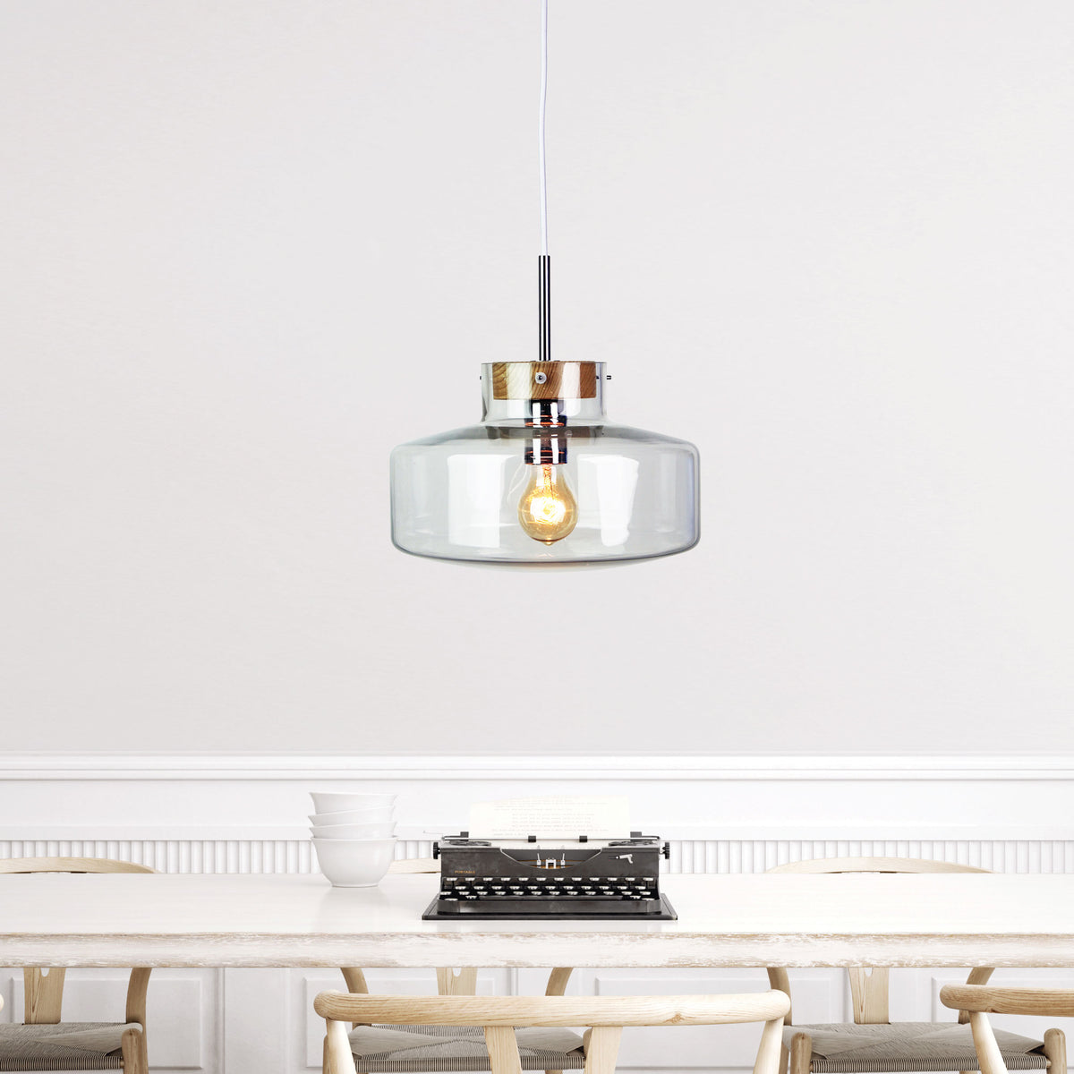 Scandi Clear Glass and Timber Pendant - Holbeck.30