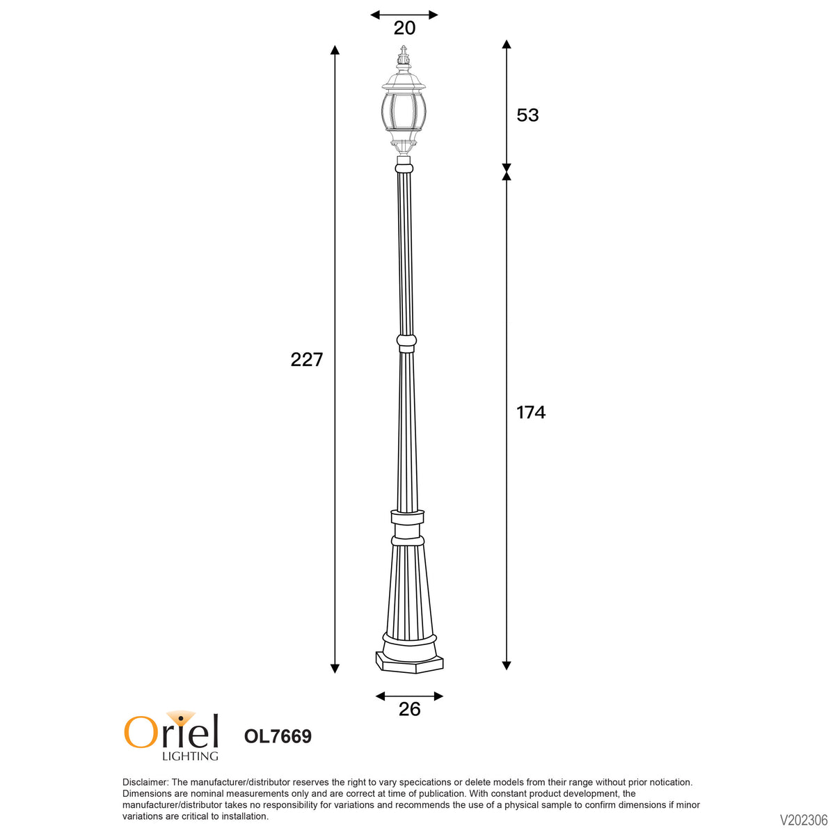 Traditional Outdoor 224cm Post Light - Highgate Top and Post