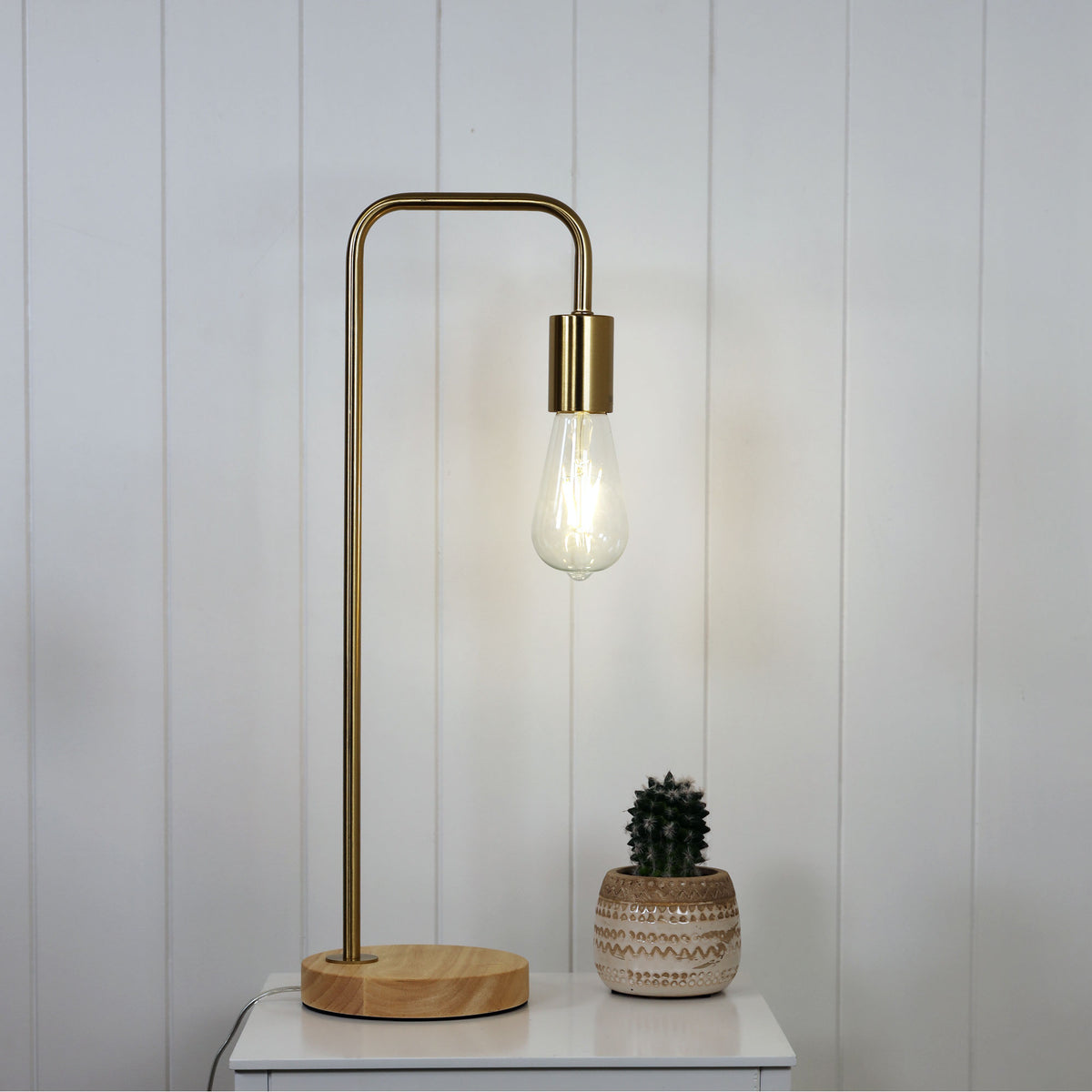 Scandi Table Lamp Brushed Brass with Timber - Lane Brass