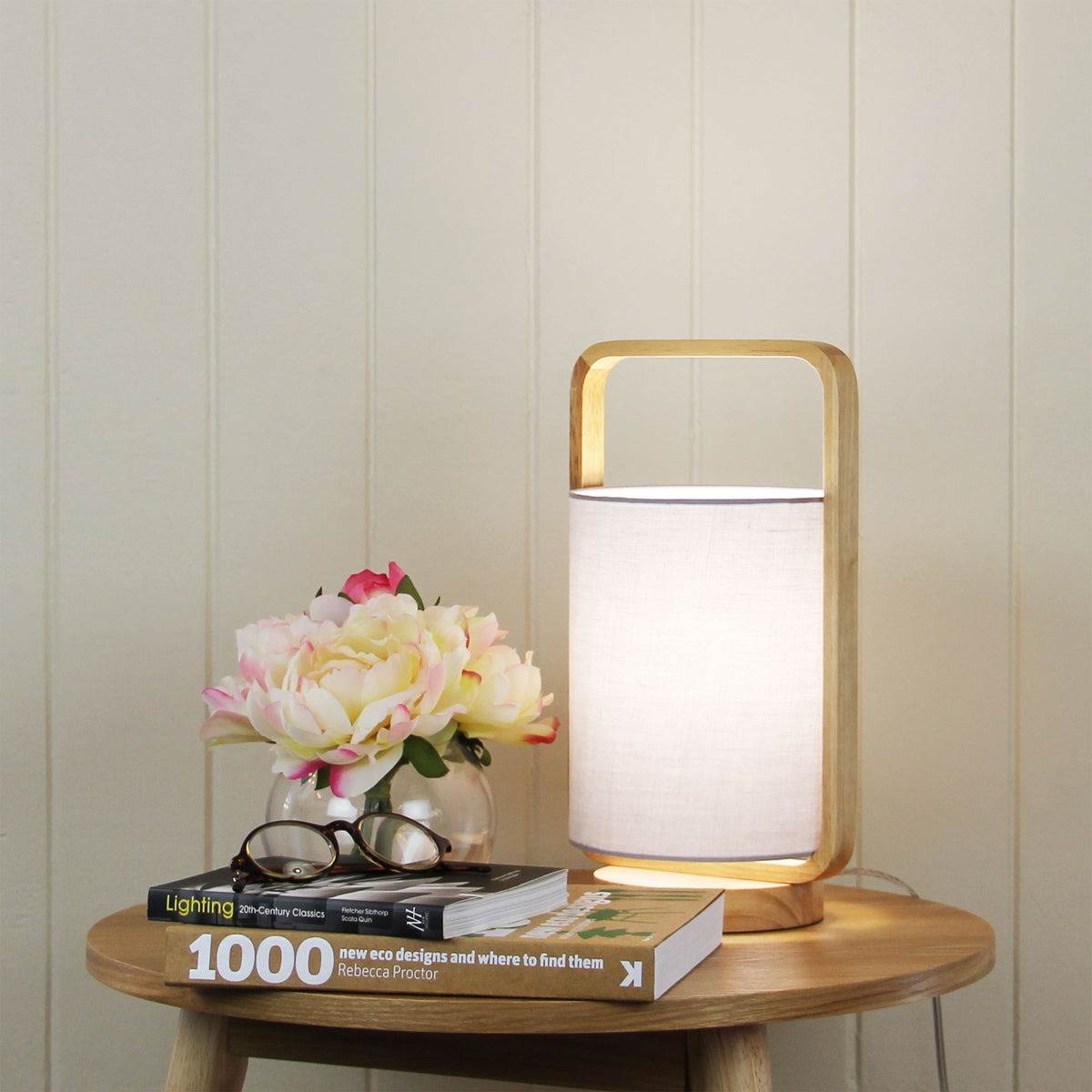 Natural Timber and Grey Cotton Lamp - Lucia Grey