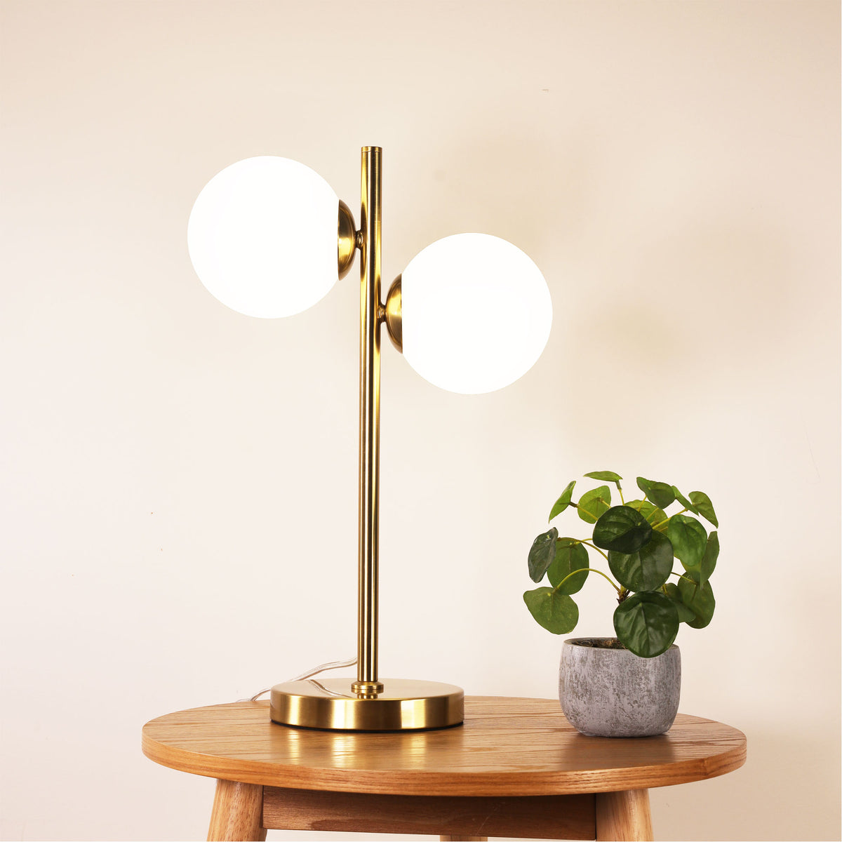 Decorative Table Lamp with Opal Matt Glass Spheres - Valcross 2LT Satin Brass