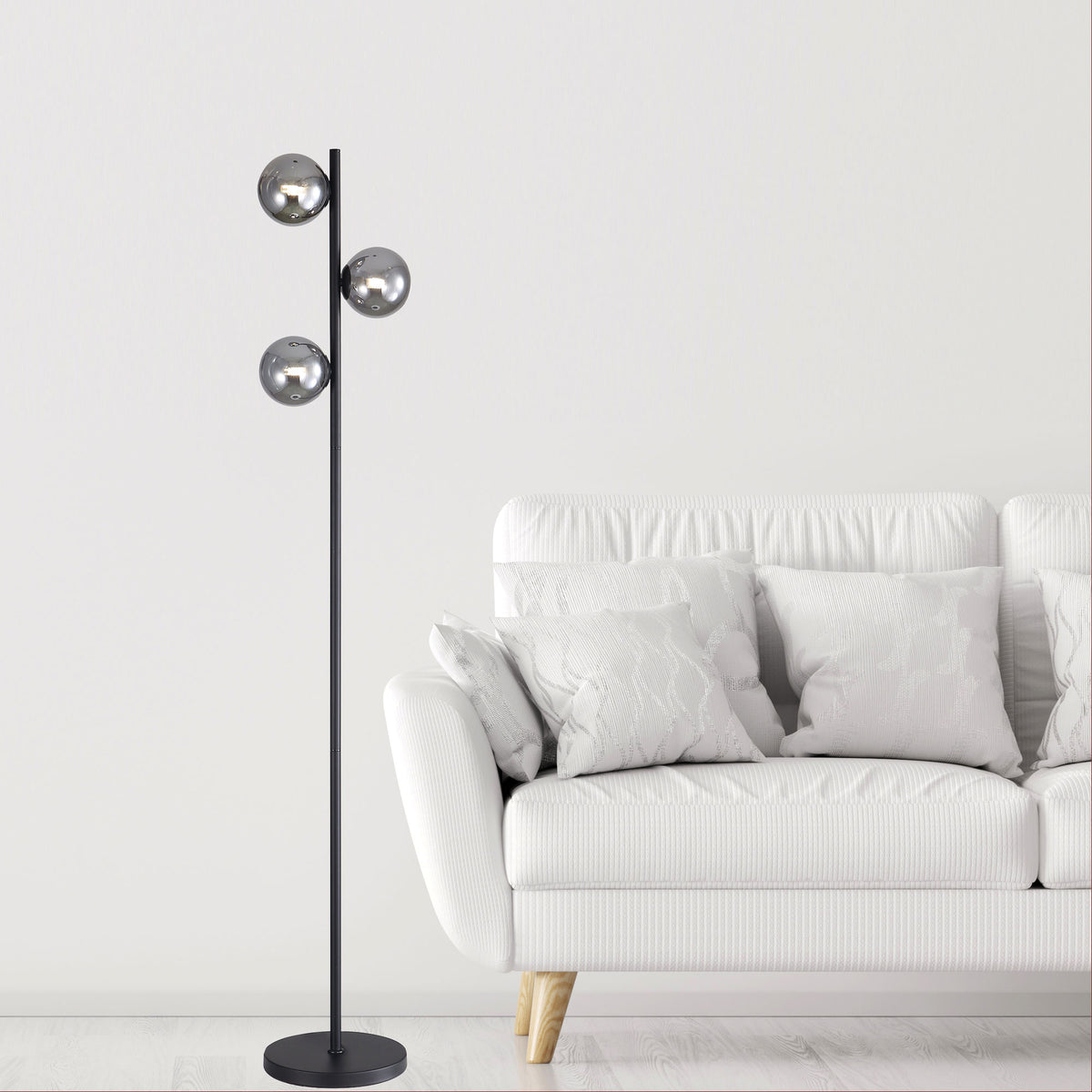 Decorative Floor Lamp with Smoke Glass Spheres - Valcross 3LT Black