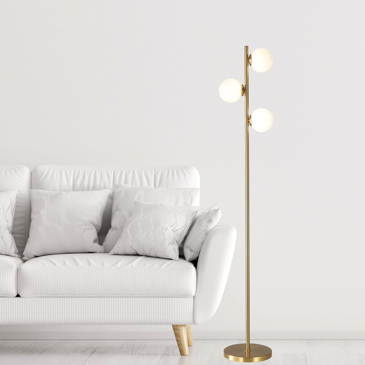 Decorative Floor Lamp with Opal Matt Glass Spheres - Valcross 3LT Satin Brass