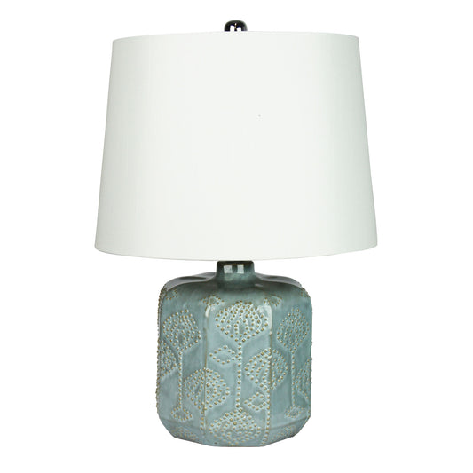 Embossed Ceramic Lamp with Harp Shade - Bikki Blue