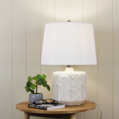 Embossed Ceramic Lamp with Harp Shade - Bikki White