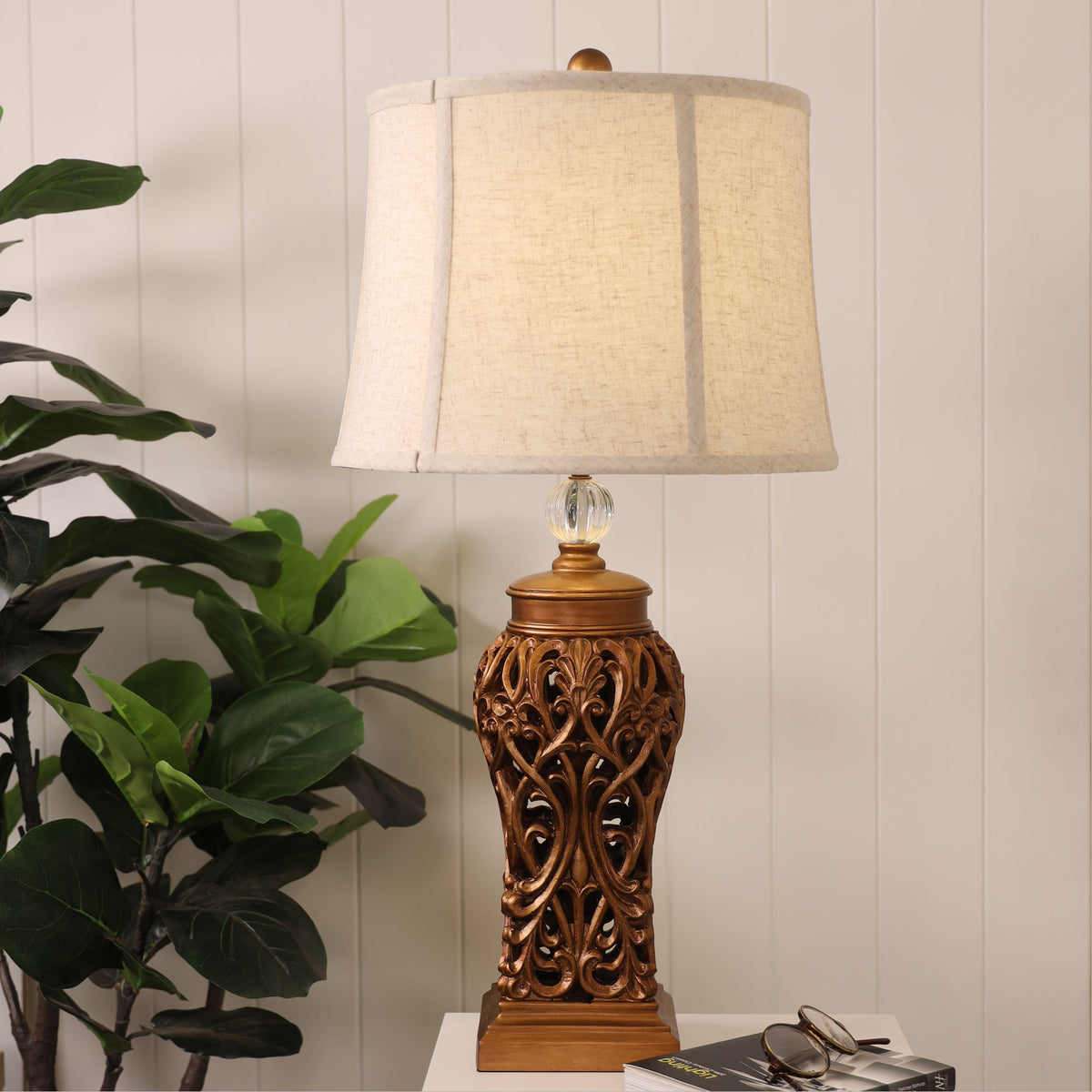Classic Antique Cut Lamp with Harp Shade - Dorne Antique Gold