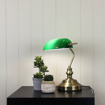 Antique Brass with Green Glass Shade - Bankers Switched Antique Brass