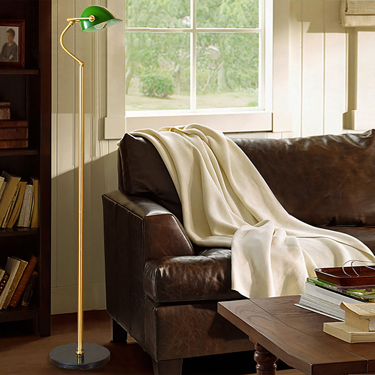 Antique Brass with Green Glass Shade - Bankers Floor