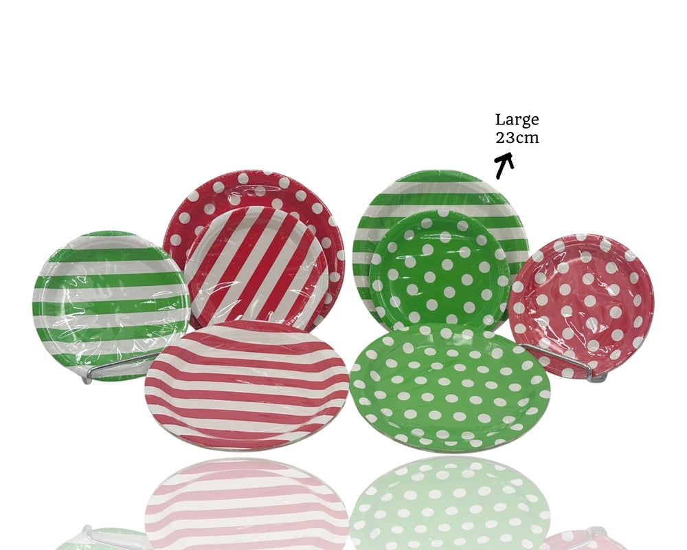 bulk 480 Red & Green Dots Stripes Paper Dinner Plates 23cm