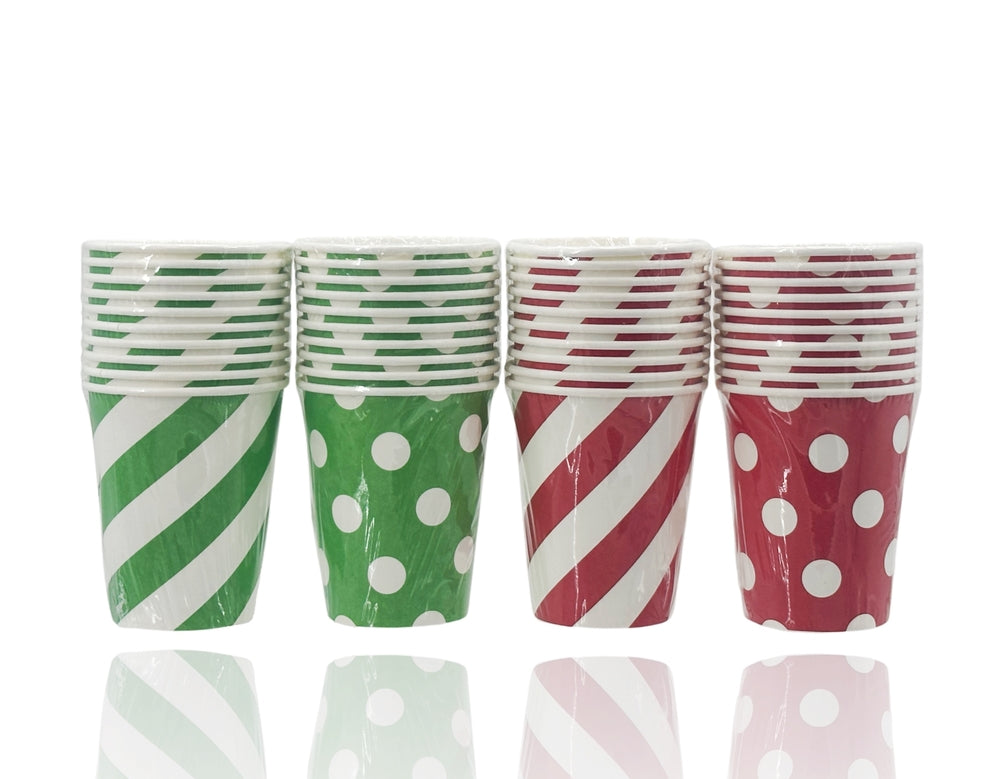 bulk 480 Red & Green Dots Stripes Paper Cups 250ml