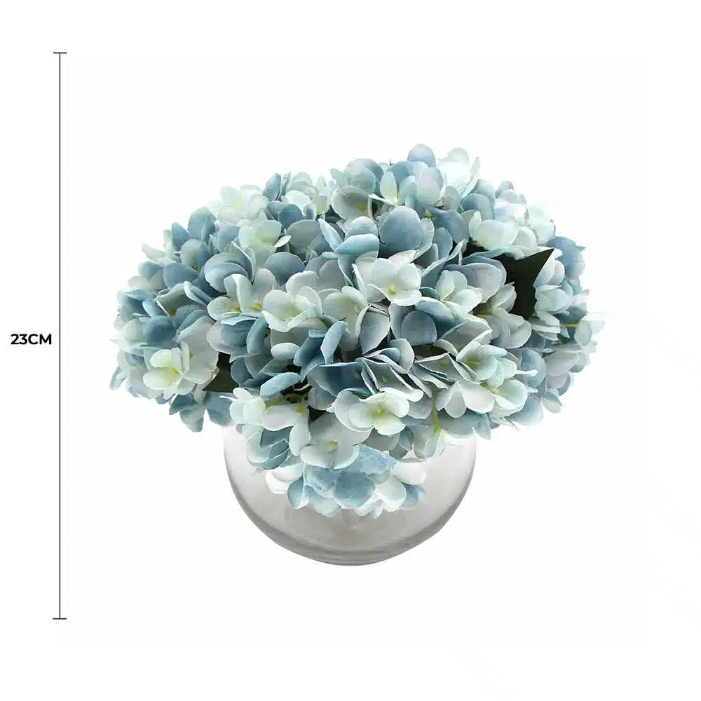 Premium Faux Hydrangea with Glass Vase (Artificial Flowering Blue Hydrangea) 23cm - Image 2