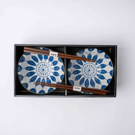 Bowl Set 2pcs with Chopsticks Indigo Sunflower Design