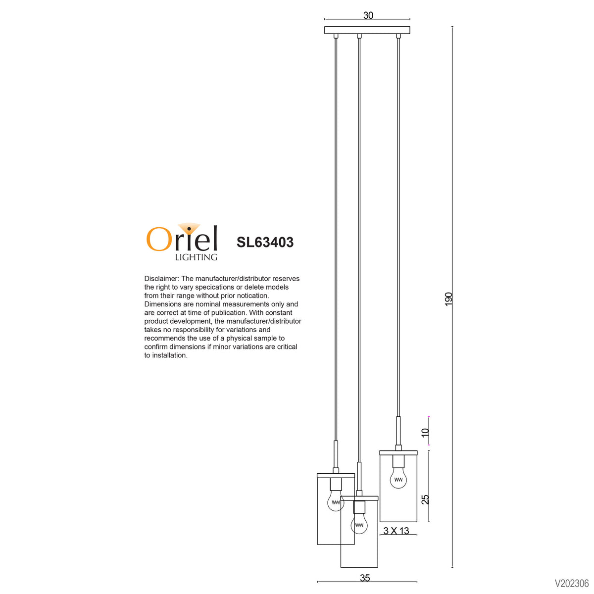 3 Light Multi Drop Pendant - Raymont 3LT Pendant
