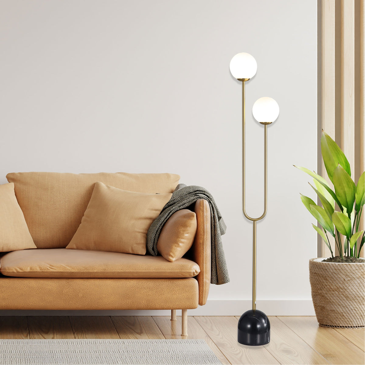 Decorative Floor Lamp with Opal Matt Glass Spheres - Tropez Satin Brass