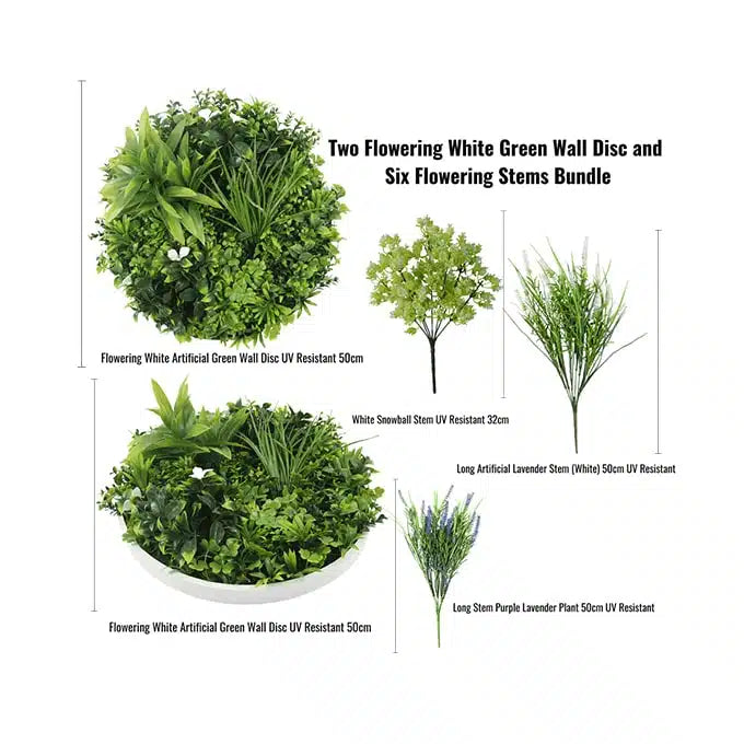 Two Flowering White Green Wall 50cm Discs and Six Flowering Stems Bundle - Image 2