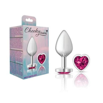 Cheeky Charms Silver Metal  Butt Plug w Heart Pink Jewel Medium
